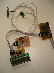 BLIT-Board; Versuchaufbau mit Basis-, Tiny-, LCD-Board und DCF77-Empfänger